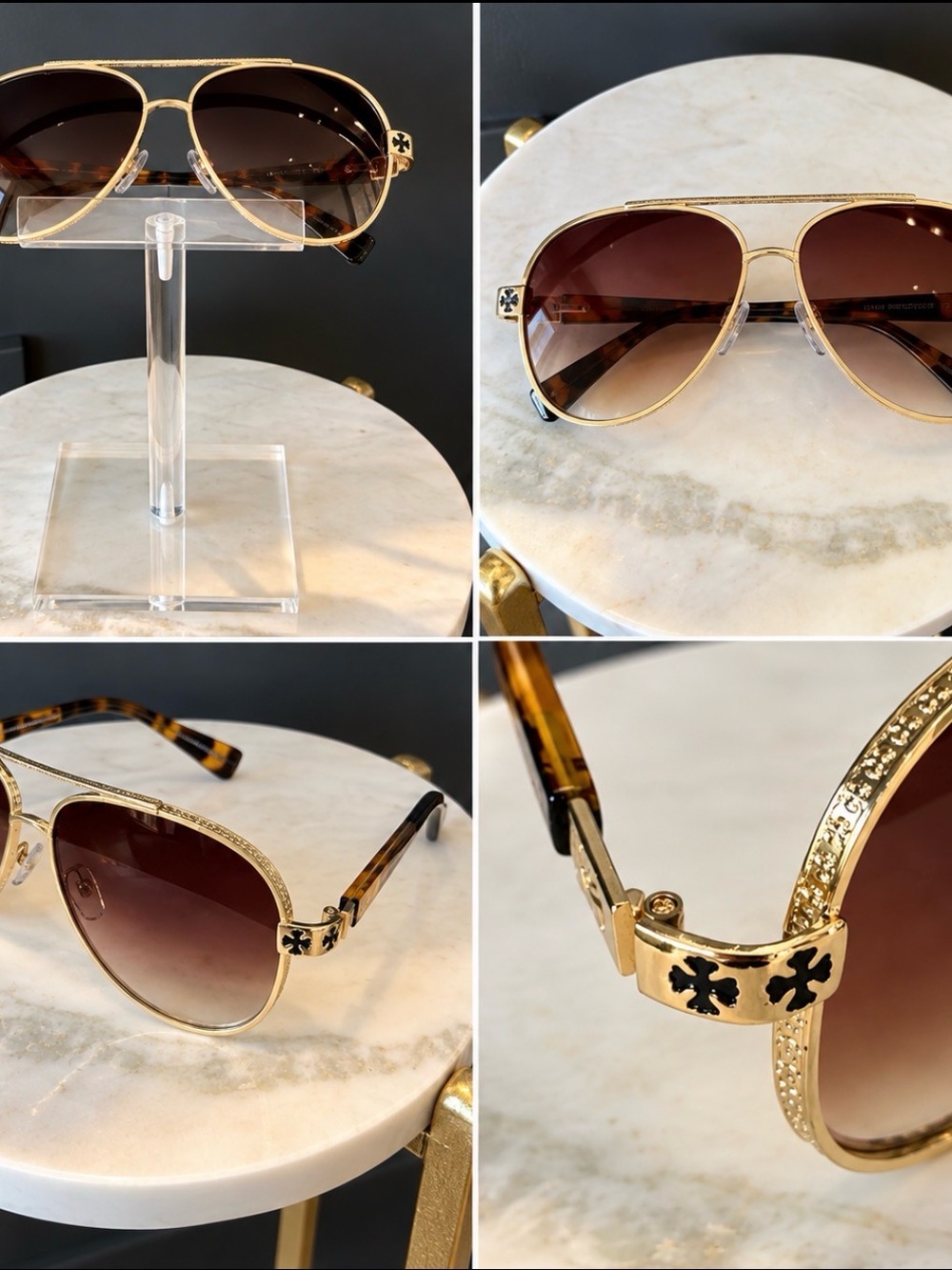 Unisex Gold Embellished Aviator Sunglasses Brown Gradient UV400